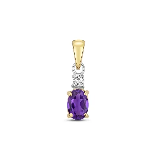 Diamond and 6X4mm Amethyst Oval Pendant - 9ct Gold
